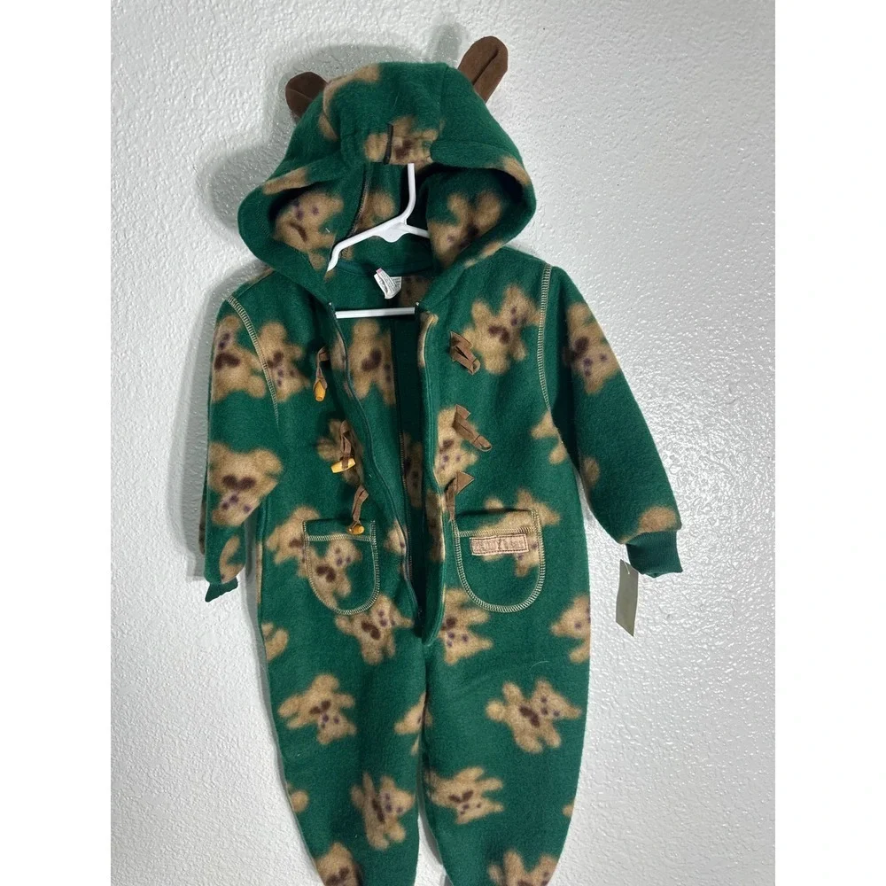 NWT Vintage Teddy Bear Fleece Hooded Bunting Snowsuit Green 24 Months New